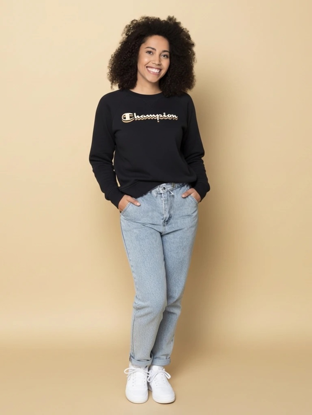 Champion Women’s Small Black Gold Metallic Script Logo Fleece Crewneck